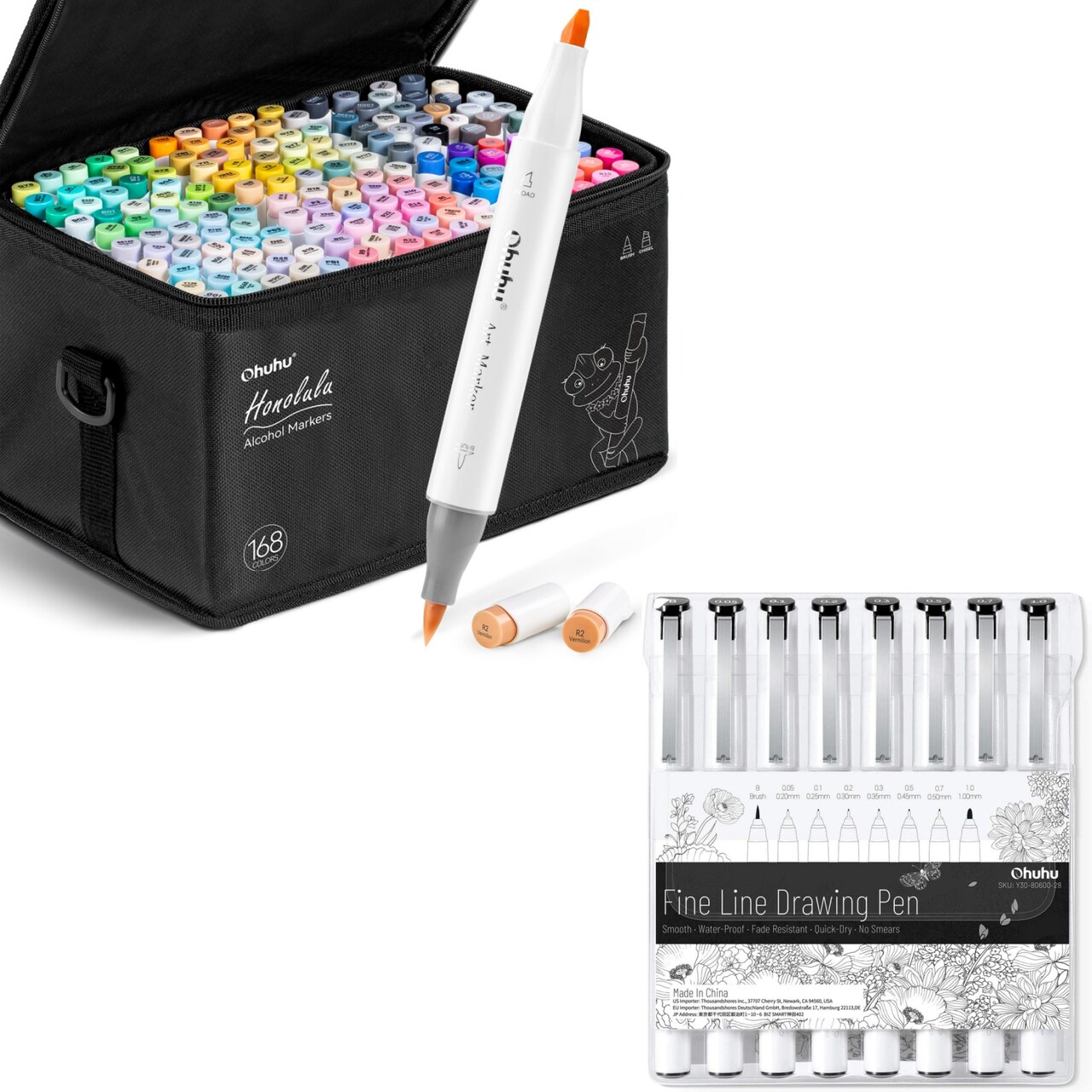 Ohuhu Honolulu 168 Colors Brush & Chisel Dual Tip Alcohol Marker Set + 8-size Tips Fineliner Pens